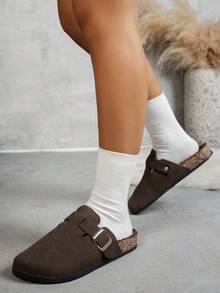 女士休闲纯色绒面革一脚蹬穆勒拖鞋,有保暖内衬和非保暖内衬版本 - 深咖啡加絨 - 查看 5