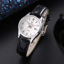 1pc Couple's Quartz Watch, Black & White/Brown & Gold Leather Strap Calendar Wristwatch, Unisex Business Casual