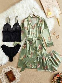 5 piezas Conjunto de lencería sexy para mujer Nuevo Lanzamiento: Bata de satén de manga larga y top de camisola de encaje con copa triangular y pantis semitransparentes de corte triangular sólido y pantalón corto estilo boxer con estampado y cinturón de satén Conjunto de pijama de ajuste relajado y cómodo