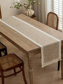 1pc Rectangular Polyester Table Runner With Colorful Tassel Fringe Decor, Kitchen/Living Room Home Decor - Coffee Brown - View 6