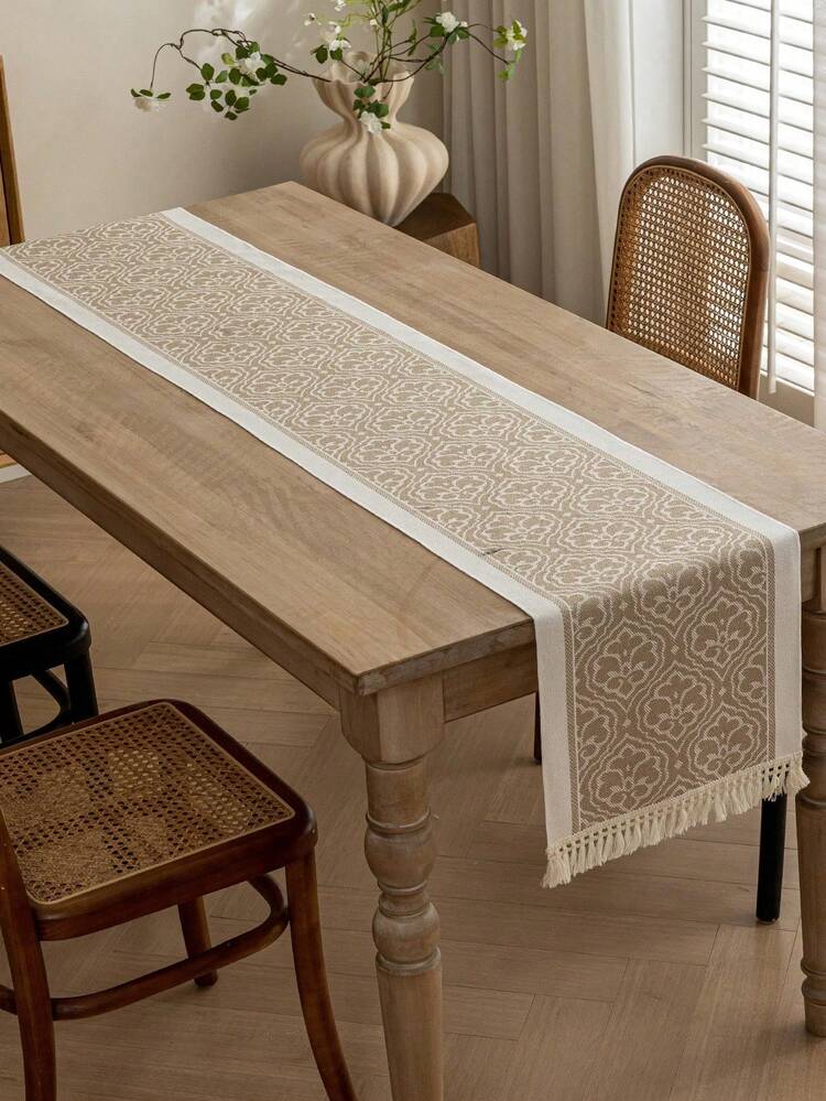 1pc Rectangular Polyester Table Runner With Colorful Tassel Fringe Decor, Kitchen/Living Room Home Decor - Coffee Brown - View 5