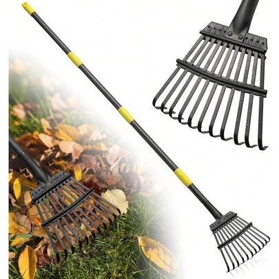 Garden Rake For Leaves: 18" Wide Metal Leaf Rake, 65" Long Adjustable Handle, Heavy Duty 25 Teeth, Fast Kids Women Large Lawn Yard Garden Leaf Cleanup Gardening Rakes: Grass,Debris,Pine Needles Pick