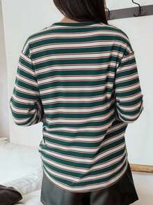 DAZY Áo thun nữ cổ tròn tay dài rộng rãi họa tiết sọc, quần áo mùa thu - màu xanh lá - Xem 4