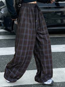 Livesso 女士秋冬格子系带前袋休闲裤 - 棕色 - 查看 2