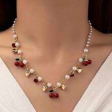 Sweet Cherry Pendant Necklace For Women, Unique Faux Pearl Heart Bead Chain, Clavicle Chain - 01金色 - 查看 1