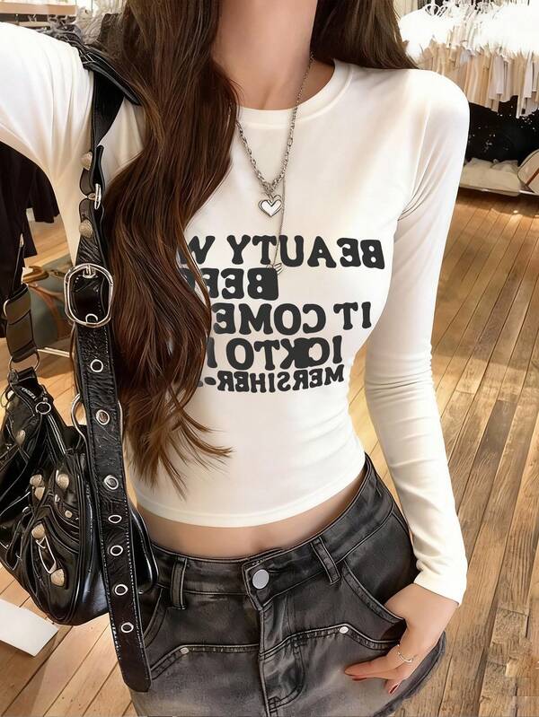 圆领长袖T恤 American Hottie 春秋新款字母印花女短款修身紧身衣