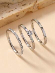 3pcs/Set Fashionable Luxury Delicate Stainless Steel Rhinestone & Cubic Zirconia Rings Set, Suitable For Teenagers Daily Wear And Gift - Ring - View 3