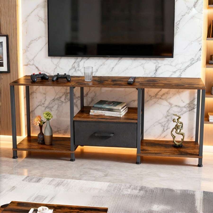 Industrial Style TV Stand 120cm, Entertainment Center Table With Drawer And Shelves - 鏽棕色 - 查看 1