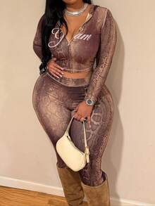 新款修身开衫上衣和高腰紧身印花裤套装，女士 - 彩色 - 查看 3