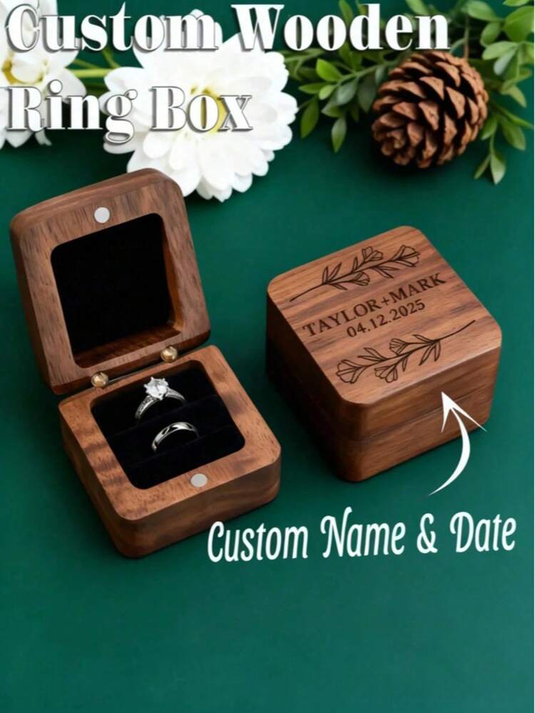 1 pieza Caja personalizada para anillos con 2 ranuras, Caja de anillos cuadrada de nogal, Caja personalizada para anillos de boda, Caja de anillos de compromiso tallada, Para anillos de boda, Caja de anillos de madera con grabado láser para propuesta, compromiso, aniversario, San Valentín, cumpleaños - Multicolor - Añade 3