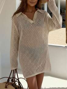 纯色针织沙滩裙 女士夏季性感镂空长袖泳衣罩衫 波西米亚风度假宽松沙滩装 - 卡其色 - 查看 3