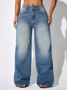 Quần jeans nữ ống rộng cạp thấp, màu xanh dương, có túi hai bên, kiểu dáng suông, thích hợp cho mùa thu và mùa xuân. - Xanh đậm - Xem 6