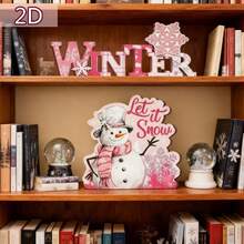 6 adornos navideños de madera para mesa: simpático muñeco de nieve, enano y camión. Decoración rústica para el hogar. - Rosa - Ver 4