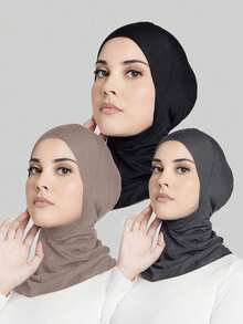 3pcs Women Fashion Solid Color Combo Set, Elastic Seamless Hijab Cap Scarf, Suitable For Daily Wear Abaya