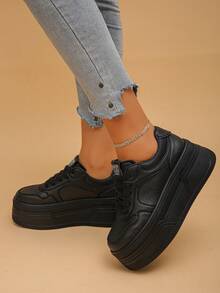 Zapatillas con plataforma para mujer, deportivas de unicolor con cordones y estampado de letras, adecuadas para todas las estaciones - Negro - Ver 4