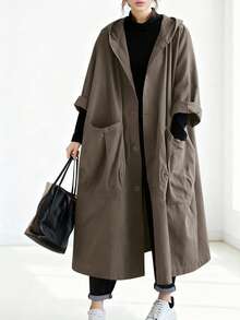 女士宽松轻薄长款风衣，民族风，带大口袋，纽扣前襟，连帽设计，休闲百搭，适合秋冬季穿着。 - 深卡其 - 查看 2