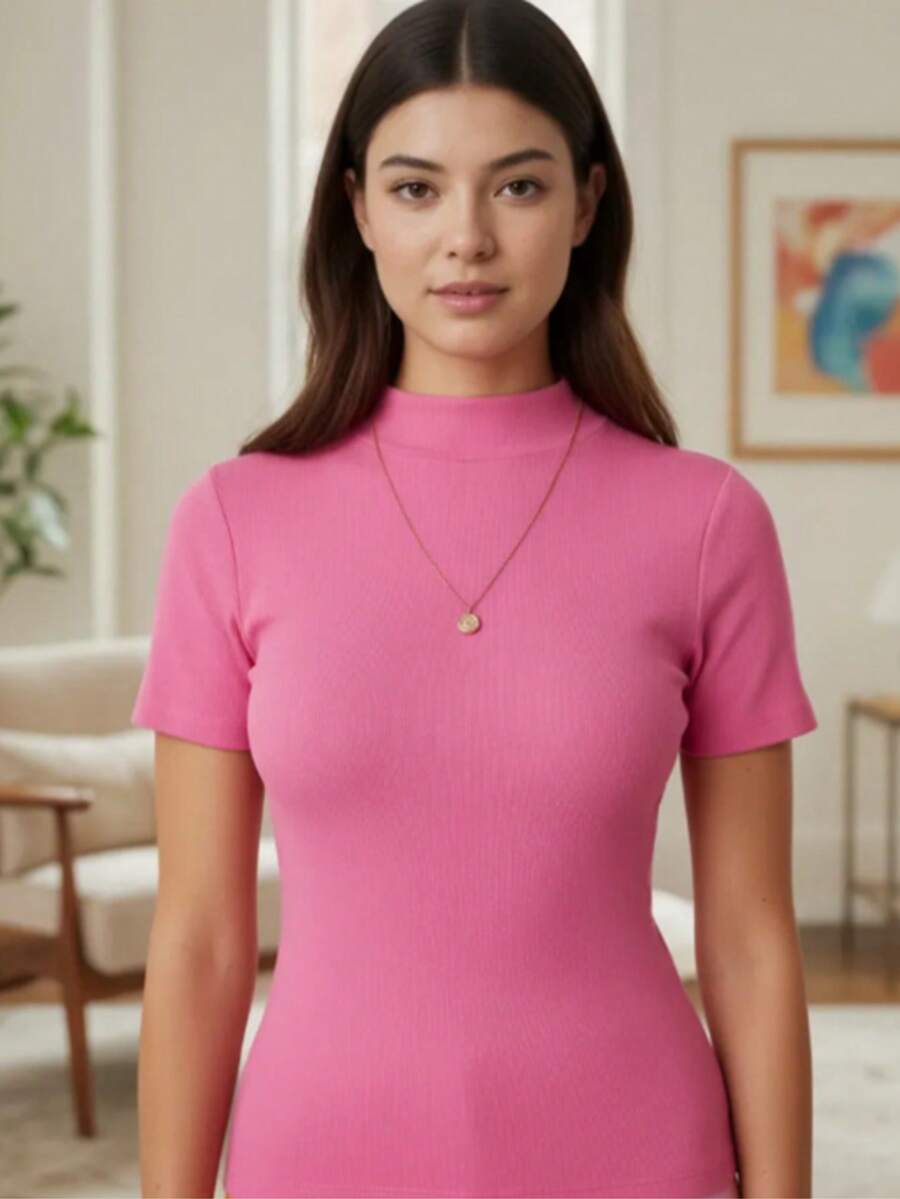 High-Neck, Short-Sleeved Cotton Knit Blouse - Rose - View 1