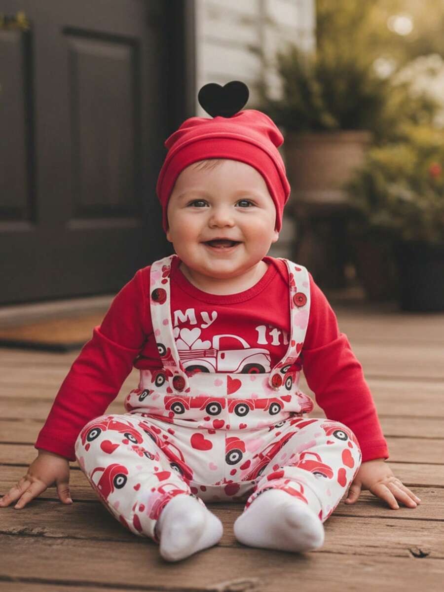 Conjunto de bebé para San Valentín: mono de manga larga con estampado de letras, pantalones con tirantes y gorro con estampado de corazones. - Rojo - Ver 1