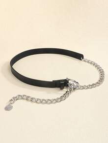 新款秋季金属链条与PU材质组合女士腰带，百搭装饰，可搭配西装、衬衫 - 黑銀色 - 查看 7