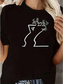 Camiseta Divertida De Dibujos Animados Impresa, Top Casual De Cuello Redondo Y Manga Corta Para Primavera Y Verano, Ropa De Mujer. - Oscuro - Ver 3