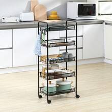 HOMCOM Rolling Trolley, Serving Cart With 4 Shelves And 5 Baskets, Storage Cart With Handle For Kitchen And Living Room In Black Steel