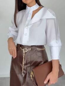 Blusa de manga larga holgada con cuello hueco para mujer, de tela tejida de unicolor, casual para oficina, uso diario, citas, primavera/otoño, blanco verano - Blanco - Ver 4