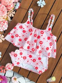 少女暑假休闲游泳娱乐全印花比基尼泳衣套装 - 粉色 - 查看 5