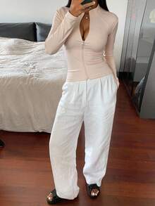Livesso 女士立领拉链修身休闲街头风外套，秋冬款 - 米色 - 查看 4