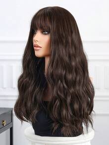 Perfect Natural Bend Wavy Long Curly Wig Synthetic Woven Chemical Fiber Wig With Bangs Perfect For Holiday Travel Family Gatherings Christmas Everyday Wear - Dark Brown - View 4