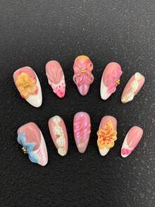 10 piezas de uñas en relieve hechas a mano con tecnología de tallado 3D multicolor, con forma de almendra de 2.5mm, degradado francés pintado a mano, decoración multicolor versátil adecuada para que las mujeres las usen en diferentes ocasiones, fiestas, bailes y uso diario, disponible en tres tamaños - Multicolor - Ver 1
