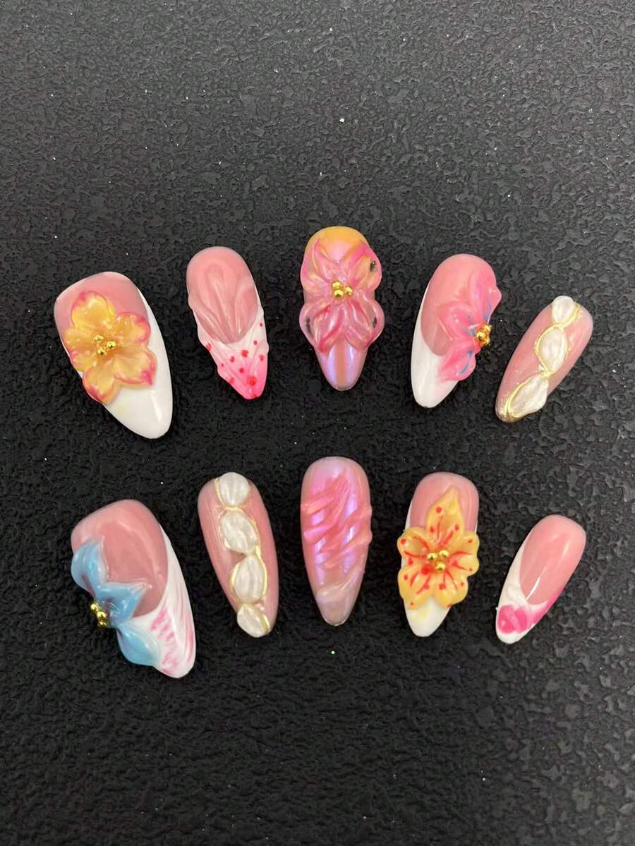 10 piezas de uñas en relieve hechas a mano con tecnología de tallado 3D multicolor, con forma de almendra de 2.5mm, degradado francés pintado a mano, decoración multicolor versátil adecuada para que las mujeres las usen en diferentes ocasiones, fiestas, bailes y uso diario, disponible en tres tamaños - Multicolor - Ver 1
