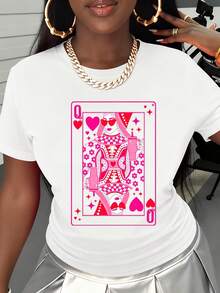Queen Of Hearts Playing Card Design Women's Casual T-Shirt Fashion Statement Top Pink And White Graphic Tee Shirt - 白色 - 查看 2