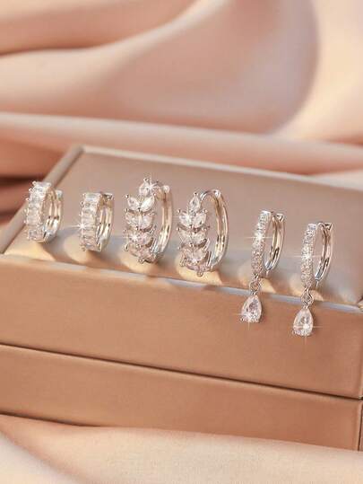  6pcs Set Copper Zirconia Stone Simple Elegant Earrings, Versatile Women Earring Jewelry Set, Suitable For Daily Wear, Dates, And Mother's Day Gift