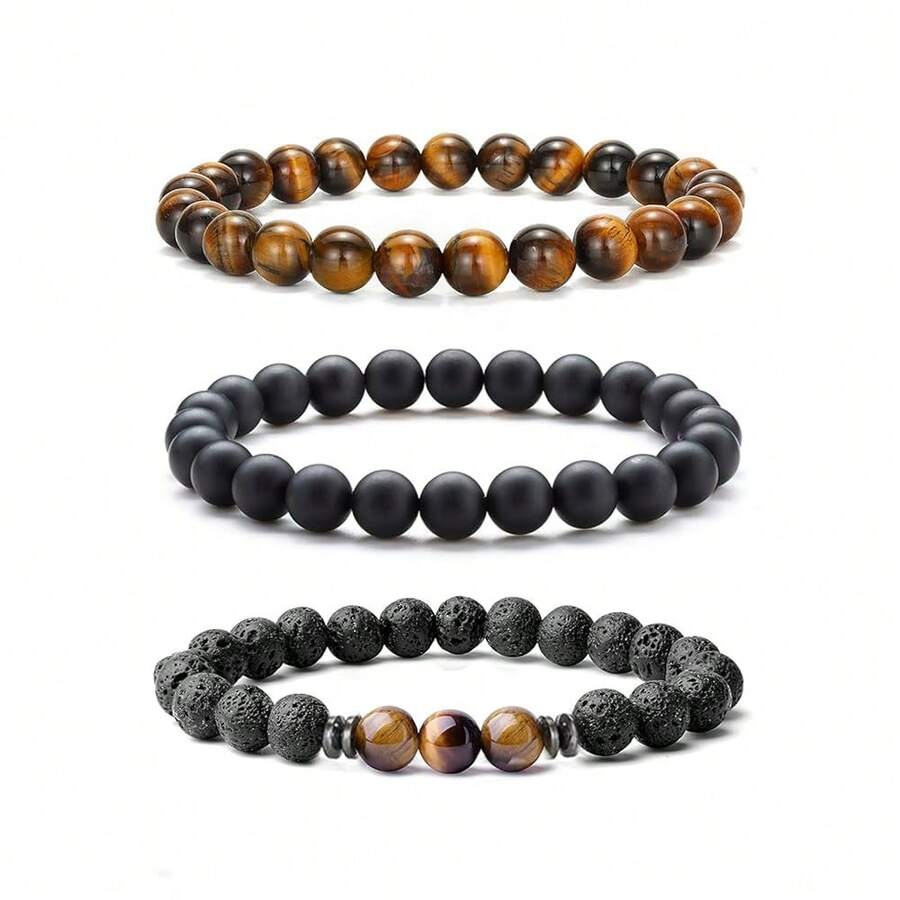 Mens Natural Stone Beaded Bracelets 8MM Stretch Adjustable Tiger Eye, Matte Agate, Lava Rock Beaded Bracelet Set For Men Gifts,3 - 3 - 查看 1