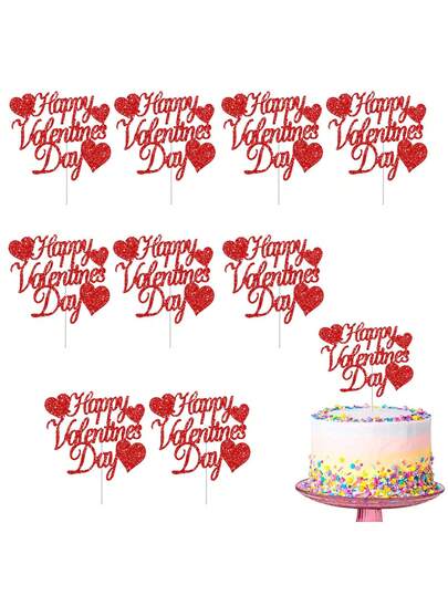 10pcs Shiny Red Heart Cake Decorations, Valentine's Day Cake Decor, Glitter Heart Cupcake Toppers, Suitable For Valentine's Day, Anniversary, Birthday Party Cake Decor, Red, Bamboo Material, Universal Holiday Decoration