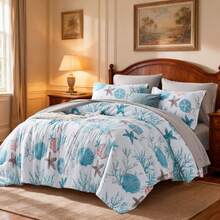5/7pcs Starfish Shell Printed Bed Comforter Set, 100% Microfiber Soft Breathable Winter Bedding Set, Comfortable And Durable, Include 1 Comforter+1 Flat Sheet+1 Fitted Sheet+1/2 Pillowcases+1/2 Pillowshams,All-Season, Bed In A Bag,Best Christmas Gift - Blue-bZ15 - View 3