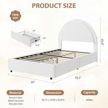 Meiyiu Twin/Full/Queen Size Bed Frame With Storage Drawers, Upholstered Boucle Platform Bed With Round Headboard, Heavy Duty & Noise Free, No Box Spring Needed - 白雙胞胎 - 查看 2