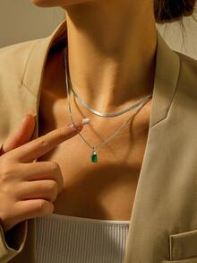 Nooxian 2 chiếc vòng cổ đồng mặt vuông đính đá Zirconia dành cho nữ - Bạc - Xem 7