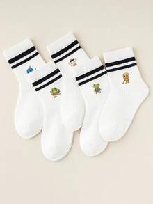 随机赠送1/5双儿童卡通趣味印花袜子套装，图案包括猴子、香蕉、恐龙、鲨鱼和咖啡女郎，可爱平行条纹设计，学生必备袜子 - 彩色 - 查看 11