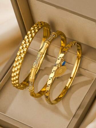 3件套18K不锈钢女士手链，复古简约风格，百搭日常、派对、音乐节、街头风、度假皆宜