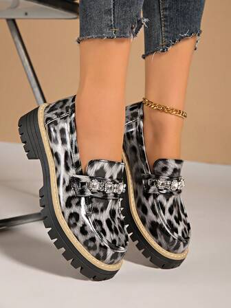 Women's Wedge Thick Bottom Shoes, Leopard Print Punk Preppy College Casual Elegant Rhinestone Fashion Versatile Slip-On Shoes