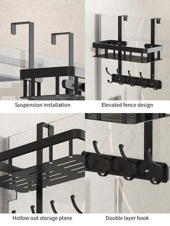 1 pieza Estantería de almacenamiento para baño, organizador colgante sobre la puerta con ganchos, cesta de ducha de doble nivel, apta para almacenamiento de artículos de tocador, ganchos para toallas, sin necesidad de perforar, fácil instalación, almacenamiento de baño