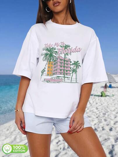 Women's Florida Travel Graphic T-Shirt - Loose Fit Cotton Tee With Palm Trees & Retro Cars - White Vacation Shirt For Beach Outfits, Everyday Summer Wear - Breathable Women's Top, Beach T Shirt, Casual Weekend Style, Laidback Style, Lightweight Top, Short Sleeve Top, Casual Wearers, Holiday Fashion, Comfortable Material, Printed Top