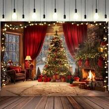1pc Christmas Tree & Fireplace Scene Background, Suitable For Holiday Photos & Decor, Universal Polyester Banner, Versatile Use, Suitable For Various Occasions, No Power Required - Multicolor - View 4
