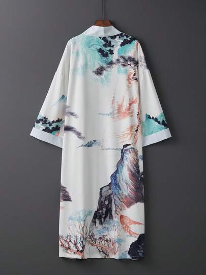 复古优雅宽松中长印花系带和服罩袍，性感沙滩罩袍，夏季轻便防晒外套