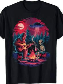 Alien And Bigfoot Campfire UFO Adventure Funny Hiking Uni T-Shirt S-5XL - 黑色 - 查看 1
