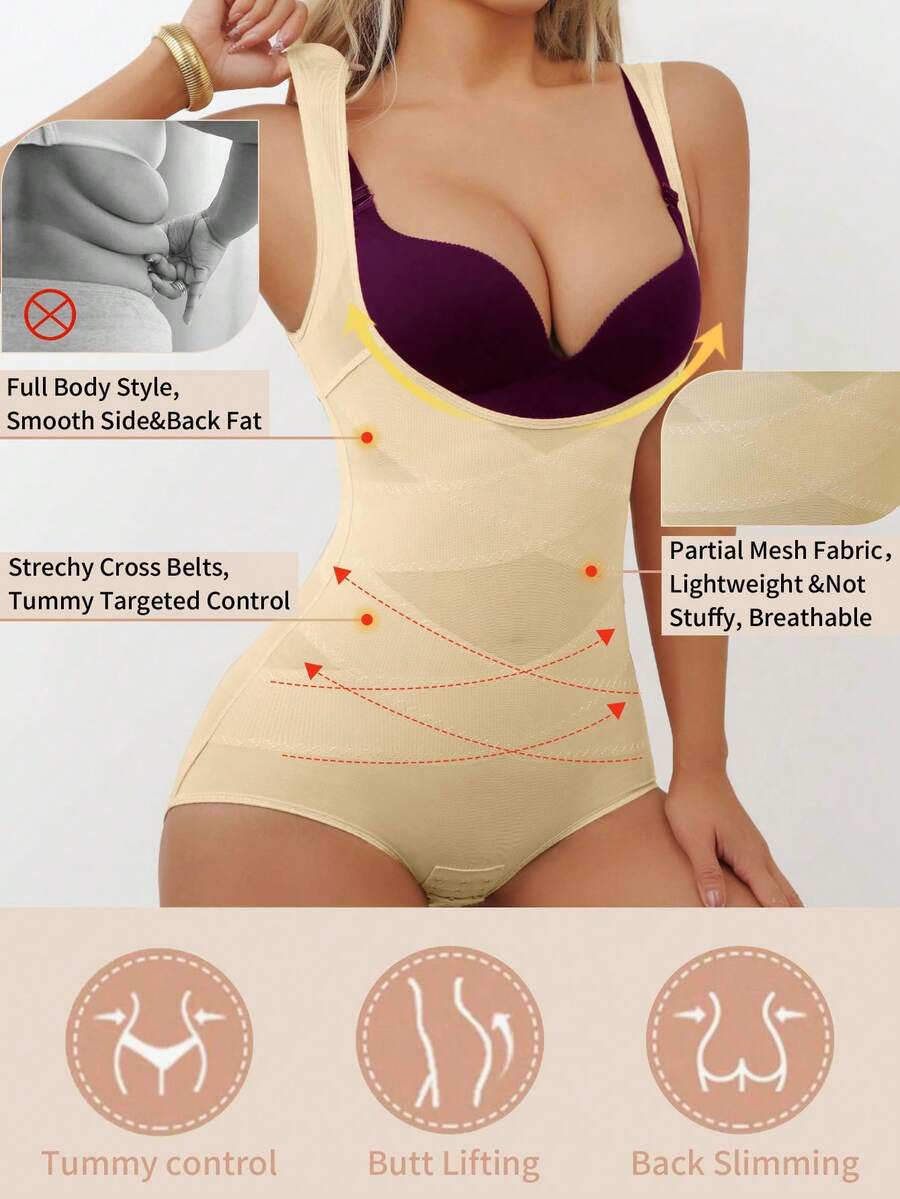 女士塑身连体衣，透气露胸束腰塑形连体衣，收腹瘦身连体衣 - 淡黃色 - 查看 1