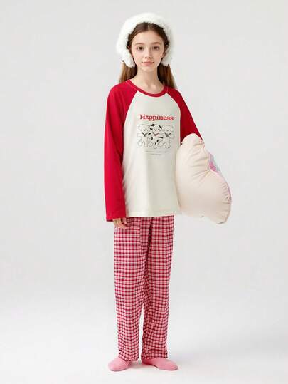 Balabala 2件套少女春季新款纯棉字母卡通狗印花插肩袖上衣和格子裤睡衣套装