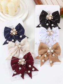 6pcs Solid Color Rhinestone Textured Bow Hair Clips, Elegant Pearl Crystal Barrettes, Suitable For Girls, Princesses, Daily Wear And Parties
