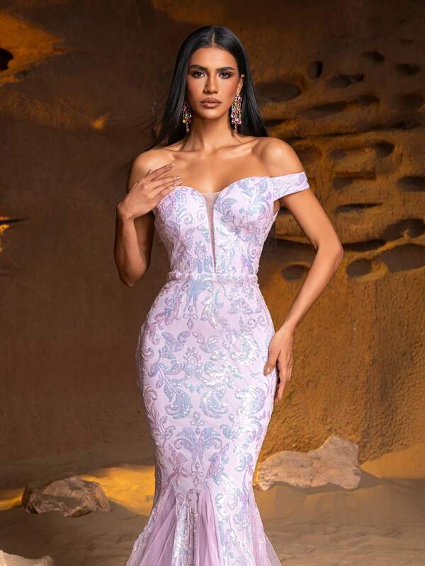 Faeriesty Elegante vestido de noche de sirena con hombros descubiertos y lentejuelas, adornado con delicados patrones florales y una falda de gasa de largo hasta el piso - una opción ideal para bailes de graduación, cenas formales y atuendo de invitada de boda.